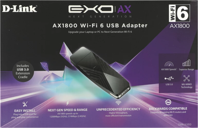 Сетевой адаптер Wi-Fi D-Link DWA-X1850 DWA-X1850/A1A AX1800 USB 3.0 (ант.внутр.) 2ант.