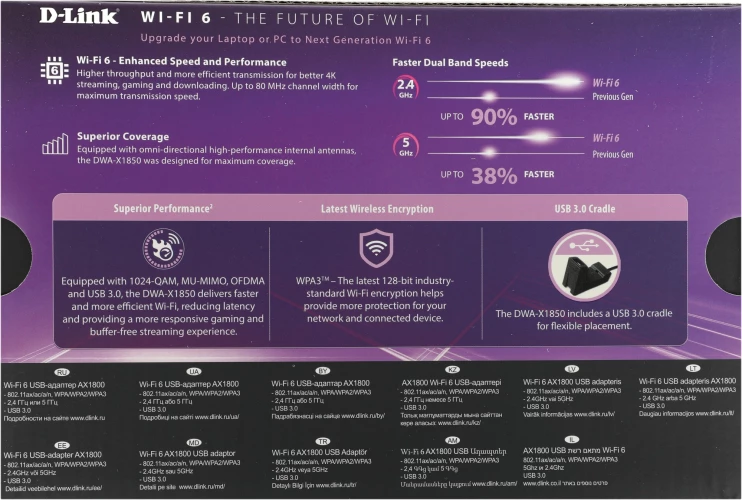 Сетевой адаптер Wi-Fi D-Link DWA-X1850 DWA-X1850/A1A AX1800 USB 3.0 (ант.внутр.) 2ант.