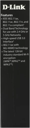 Сетевой адаптер Wi-Fi D-Link DWA-X1850 DWA-X1850/A1A AX1800 USB 3.0 (ант.внутр.) 2ант.