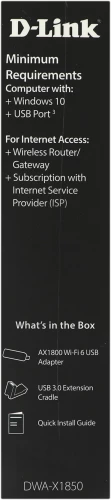 Сетевой адаптер Wi-Fi D-Link DWA-X1850 DWA-X1850/A1A AX1800 USB 3.0 (ант.внутр.) 2ант.
