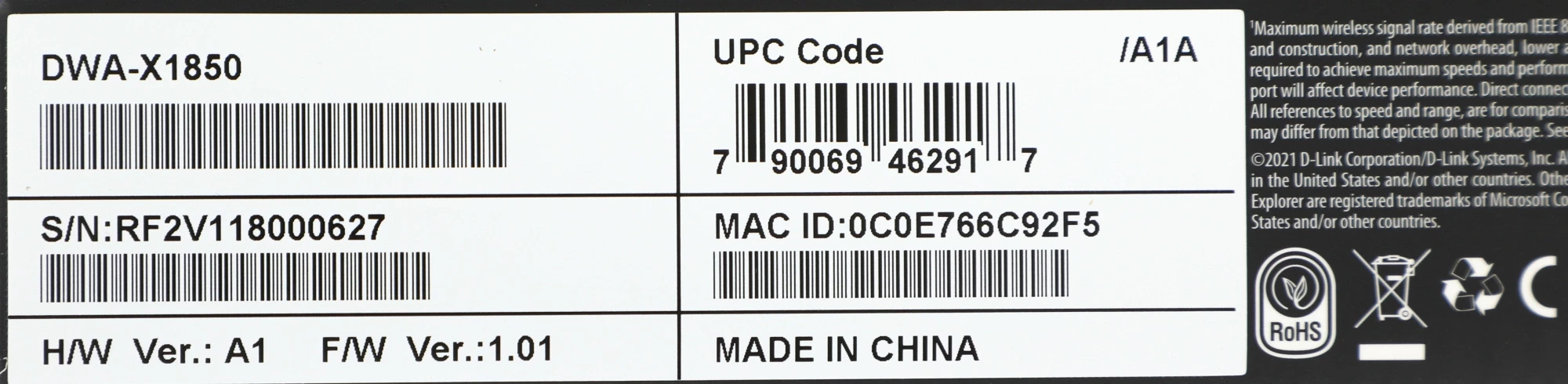 Сетевой адаптер Wi-Fi D-Link DWA-X1850 DWA-X1850/A1A AX1800 USB 3.0 (ант.внутр.) 2ант.