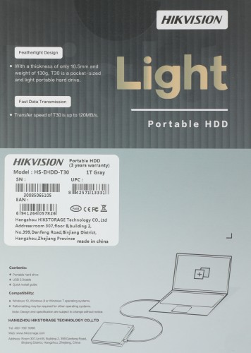 Жесткий диск Hikvision USB 3.0 1Tb HS-EHDD-T30 T1 GRAY T30 2.5" серый