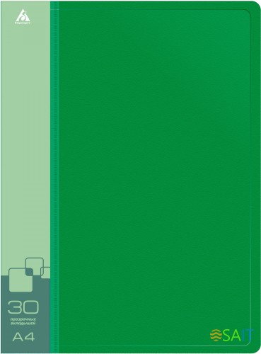 Папка с 30 прозр.вклад. Бюрократ -BPV30GRN A4 пластик 0.65мм торц.карм с бум. встав зеленый
