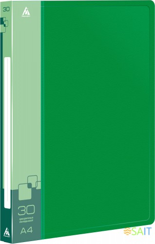 Папка с 30 прозр.вклад. Бюрократ -BPV30GRN A4 пластик 0.65мм торц.карм с бум. встав зеленый