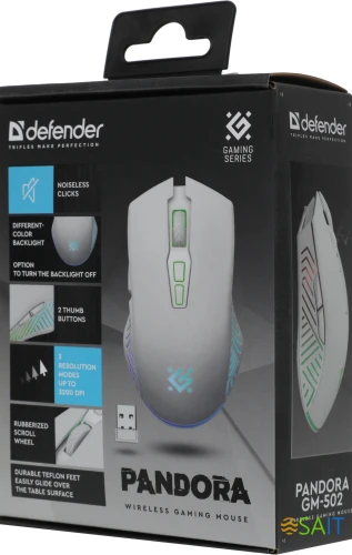 Мышь Defender Pandora GM-502 белый оптическая 3200dpi silent беспров. USB 6but (52502)
