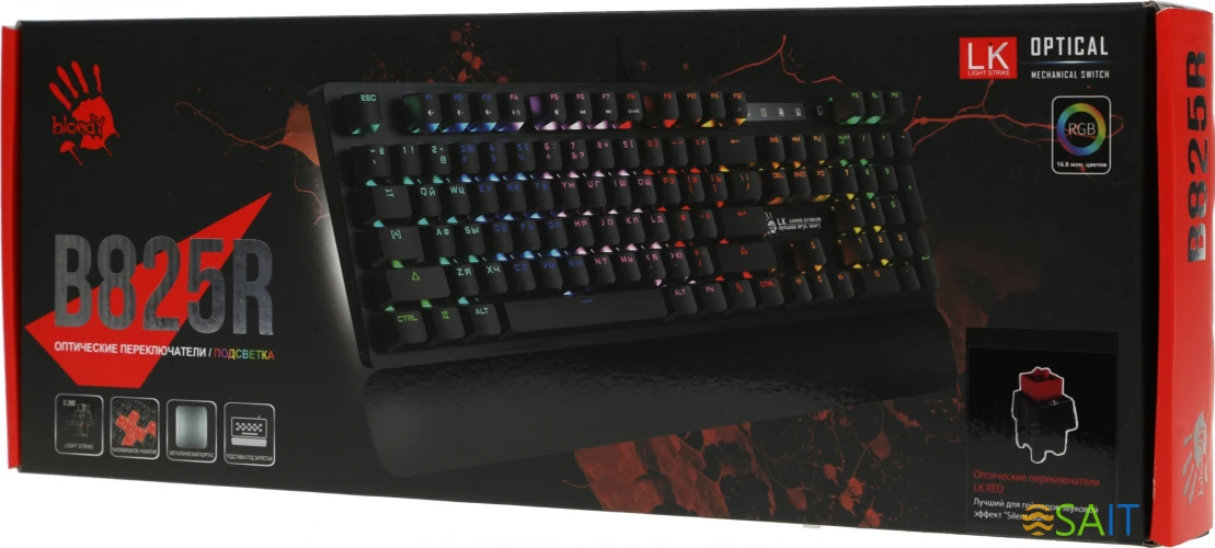 Клавиатура A4Tech Bloody B825R механическая черный USB for gamer LED (подставка для запястий) (B825R (RED SWITCHES))
