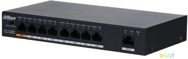 Коммутатор Dahua DH-PFS3009-8ET1GT-96 8x100Мбит/с 1x1Гбит/с 7PoE+ 1PoE++ 96W неуправляемый