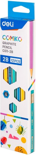 Карандаш ч/г Deli EC011-2B Comiko 2B шестигран. липа ассорти кор.европод. (12шт) ластик