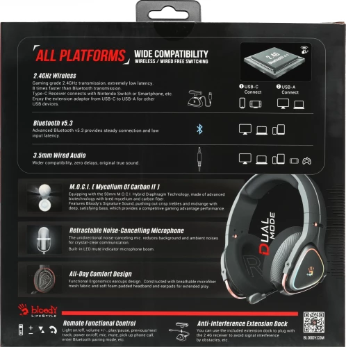 Наушники с микрофоном A4Tech Bloody MR720 черный мониторные BT/Radio оголовье (MR720 BLACK)