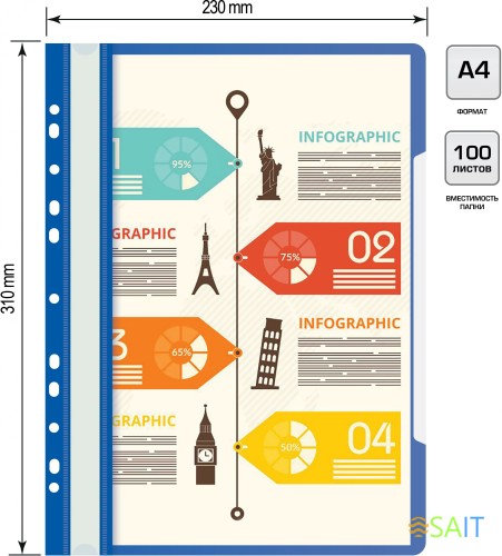 Папка-скоросшиватель Бюрократ PS-P20BLU A4 прозрач.верх.лист боков.перф. пластик синий 0.12/0.16