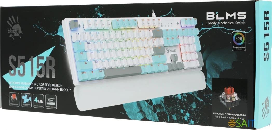 Клавиатура A4Tech Bloody S515R механическая белый USB for gamer LED (подставка для запястий) (S515R ICY WHITE)