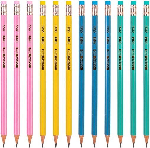 Карандаш ч/г Deli EC011-HB Comiko HB шестигран. липа ассорти кор.европод. (12шт) ластик