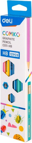 Карандаш ч/г Deli EC011-HB Comiko HB шестигран. липа ассорти кор.европод. (12шт) ластик