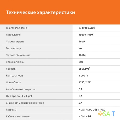 Монитор SunWind 23.8" SUN-M24BG110 черный VA LED 16:9 HDMI матовая 250cd 178гр/178гр 1920x1080 165Hz DP FHD USB 2.6кг