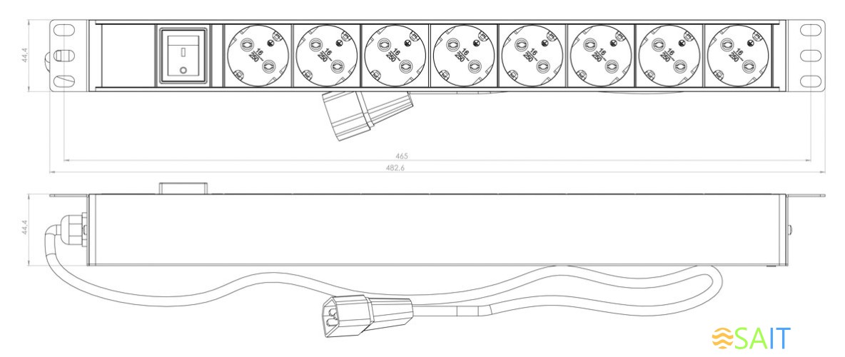 Блок распределения питания Hyperline SHE19-8SH-S-2.5IEC гор.размещ. 8xSchuko базовые 10A C14 2.5м