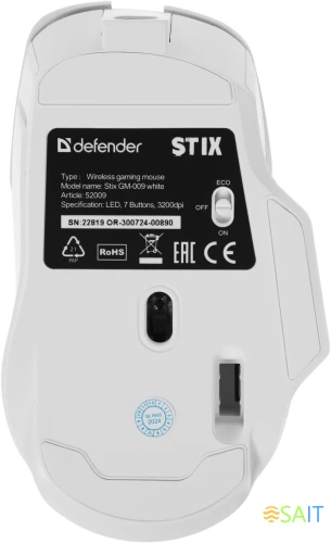 Мышь Defender Stix GM-009 белый оптическая 3200dpi беспров. USB-C 6but (52009)