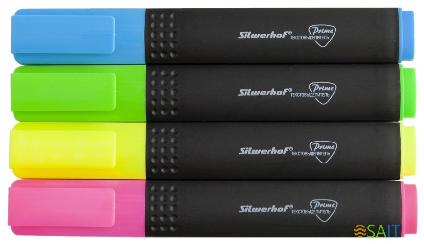 Набор текстовыделителей Silwerhof Prime+ скошенный пиш. наконечник 1-4мм 4цв. ассорти пакет с европодвесом (4шт.)
