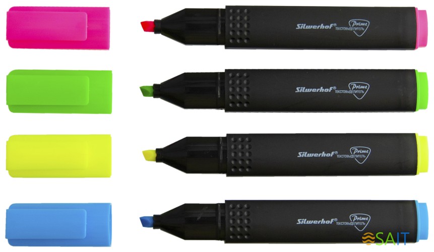 Набор текстовыделителей Silwerhof Prime+ скошенный пиш. наконечник 1-4мм 4цв. ассорти пакет с европодвесом (4шт.)