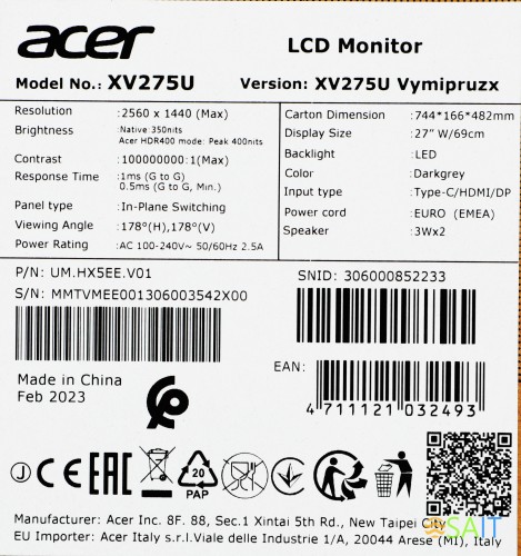 Монитор Acer 27" Nitro XV275UVYMIPRUZX черный IPS LED 1ms 16:9 HDMI M/M матовая HAS Piv 350cd 178гр/178гр 2560x1440 170Hz FreeSync Premium DP WQ USB 6кг