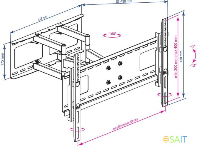 Кронштейн для телевизора Kromax ATLANTIS-80 черный 32"-75" макс.50кг настенный поворотно-выдвижной и наклонный