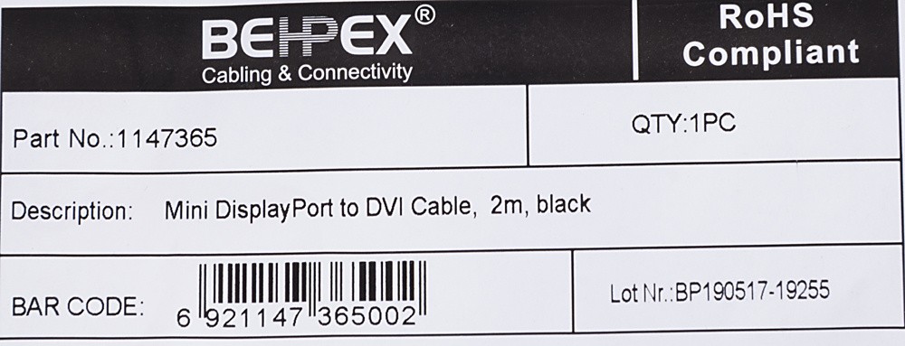 Кабель 1.1v miniDisplayPort (m) DVI (m) 2м черный