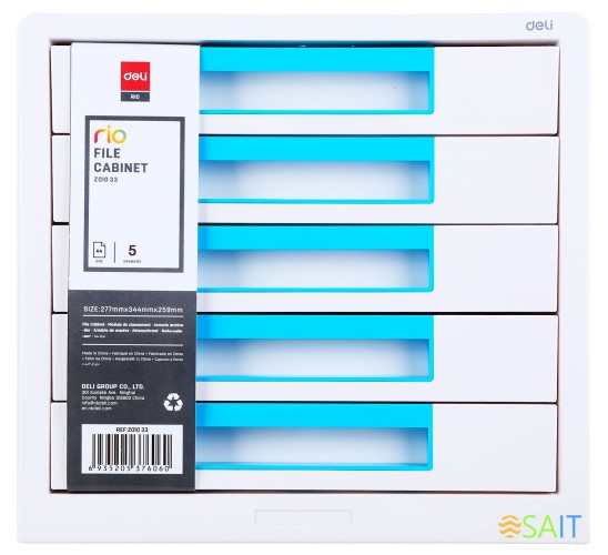 Бокс для документов Deli EZ01033 Rio 5 выдвижных ящиков 277х344х259мм белый/голубой пластик
