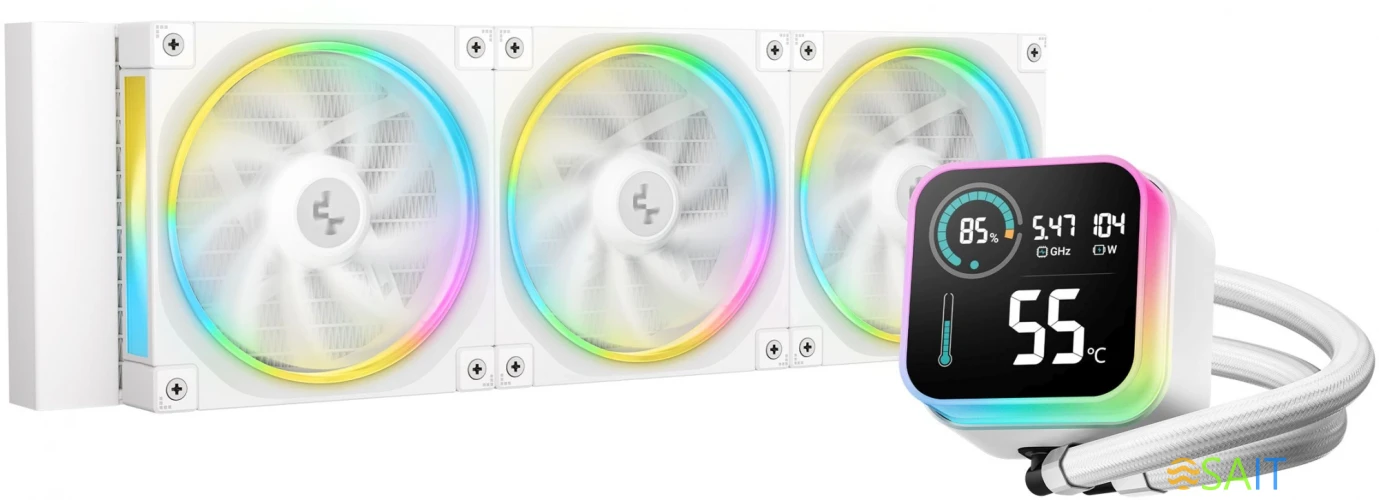 Система водяного охлаждения Deepcool LQ360 Wh ARGB Soc-AM5/AM4/1200/1700/1851 белый 4-pin 32dB Al LCD 350W 1840gr Ret (R-LQ360-WHDSMC-G-1)