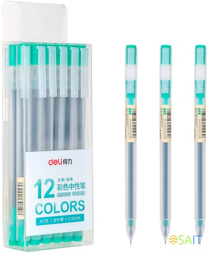 Ручка гелев. Deli A119-GN прозрачный зел. черн. линия 0.5мм