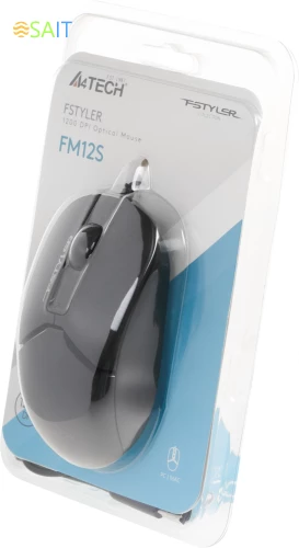 Мышь A4Tech Fstyler FM12S черный оптическая 1200dpi silent USB 3but (FM12S BLACK)