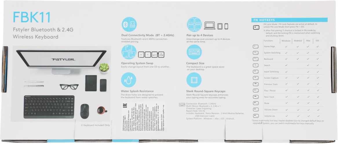 Клавиатура A4Tech FBK11 черный/серый USB беспроводная BT/Radio slim (FBK11 GREY)