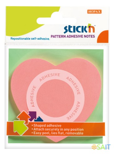 Блок самоклеящийся бумажный Stick`n 21545 70x70мм 50лист. 70г/м2 неон розовый вырубной клей по периметру "сердце" европодвес