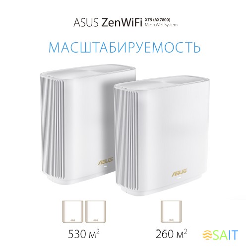 Бесшовный Mesh роутер Asus ZenWiFi XT9 (W-2-PK) AX7800 2.5GE/USB3.0 белый (упак.:2шт)