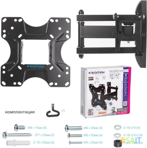 Кронштейн для телевизора Kromax OPTIMA-214 черный 20"-43" макс.30кг настенный поворотно-выдвижной и наклонный