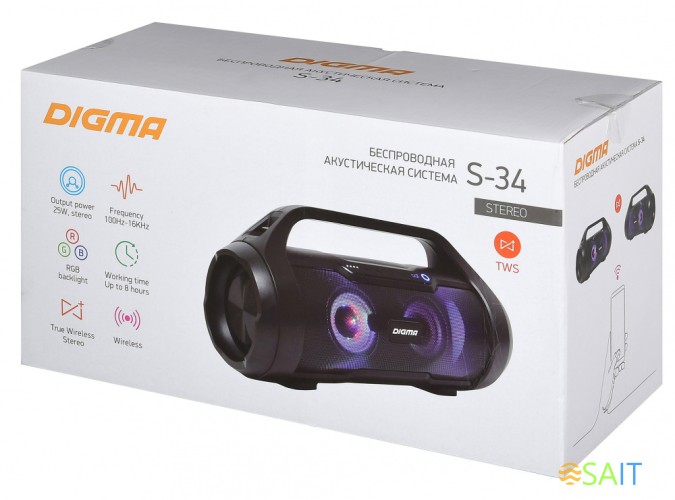 Колонка порт. Digma S-34 черный 25W 1.0 BT/USB 3000mAh (SP3425B)