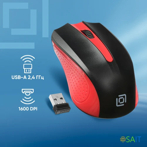 Мышь Оклик 485MW черный/красный оптическая 1600dpi беспров. USB для ноутбука 3but (997828)