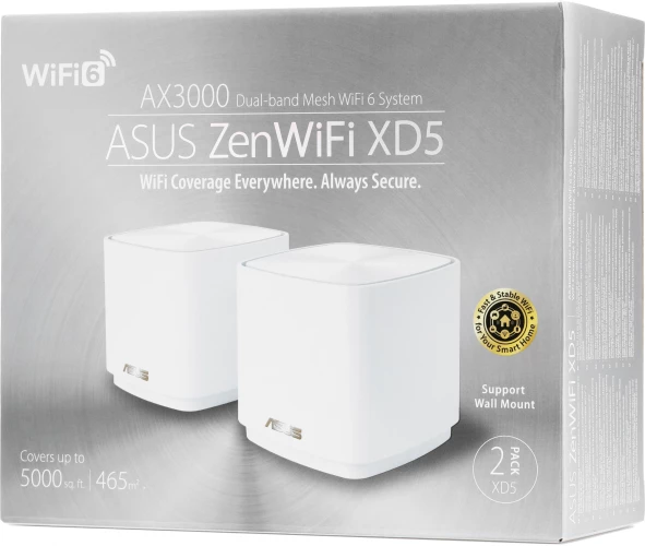 Бесшовный Mesh роутер Asus ZenWiFi XD5 (XD5 (W-2-PK)) AX3000 10/100/1000 компл.:устройство/крепления/адаптер белый (упак.:2шт)