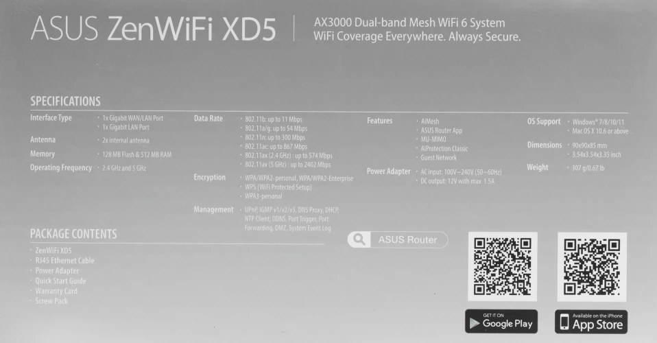 Бесшовный Mesh роутер Asus ZenWiFi XD5 (XD5 (W-2-PK)) AX3000 10/100/1000 компл.:устройство/крепления/адаптер белый (упак.:2шт)