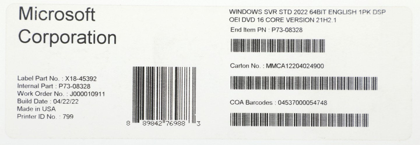 Операционная система Microsoft Windows Server Standard 2022 64Bit Eng 1pk DSP OEI DVD 16 Core (P73-08328)