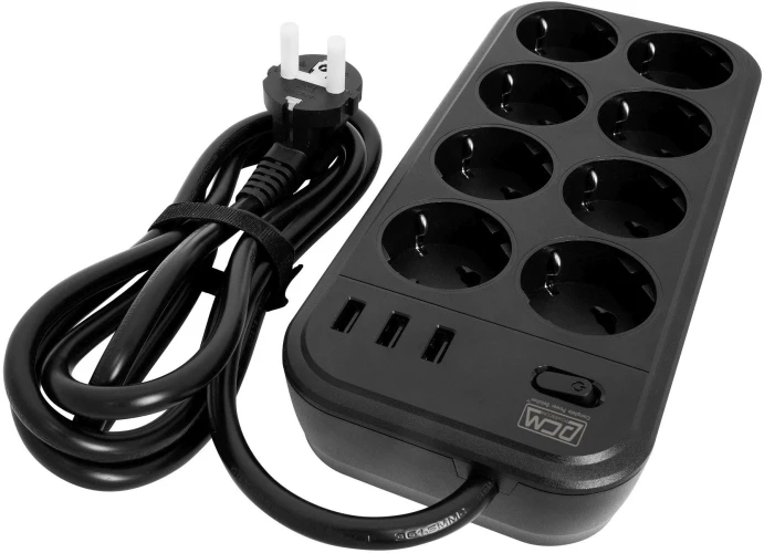 Сетевой фильтр Powercom SP-08 USB03AB 1.8м 1.8м (8 розеток) черный (коробка)