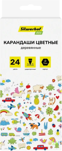 Карандаши цв. Silwerhof Eco 2.65мм шестигран. дерево ассорти 24цв. коробка/европод.