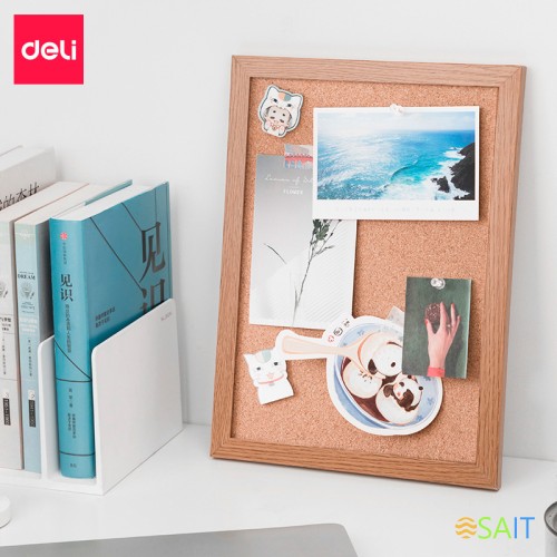 Доска пробковая Deli 8705 пробка желтый 34х23см деревянная рама