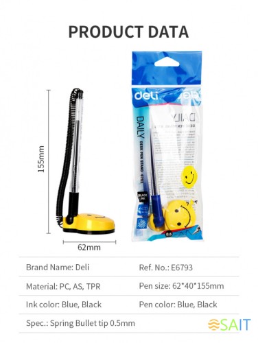 Ручка гелев. Deli E6793blue d=0.5мм син. черн. на подставке сменный стержень линия 0.35мм