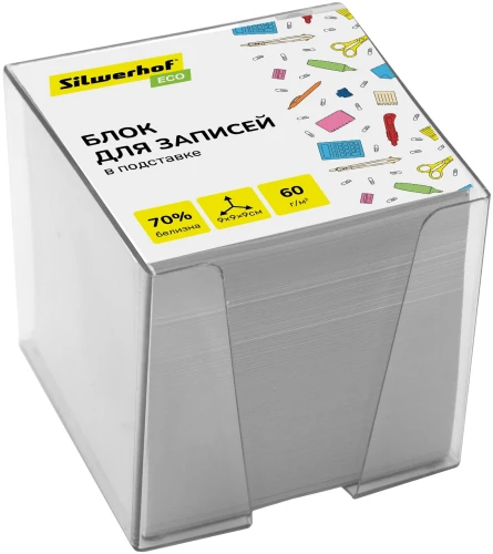 Блок для записей бумажный Silwerhof Eco Эконом 90x90x90мм 60г/м2 70% белый в подставке