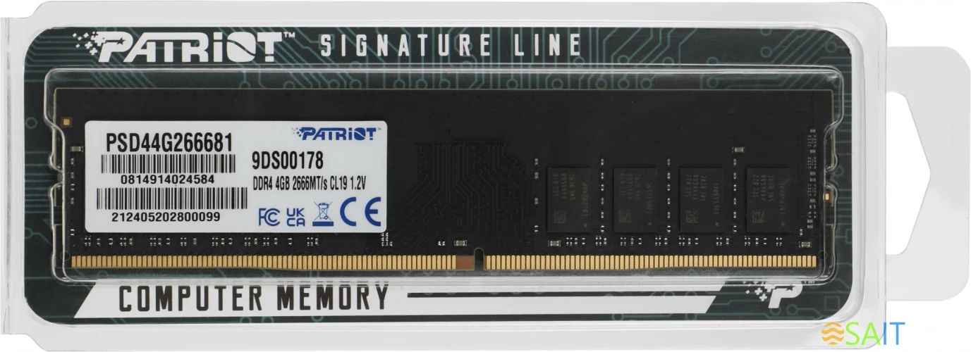 Память DDR4 4Gb 2666MHz Patriot PSD44G266681 Signature RTL PC4-21300 CL19 DIMM 288-pin 1.2В single rank Ret