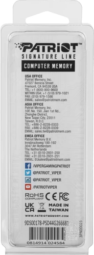 Память DDR4 4Gb 2666MHz Patriot PSD44G266681 Signature RTL PC4-21300 CL19 DIMM 288-pin 1.2В single rank Ret