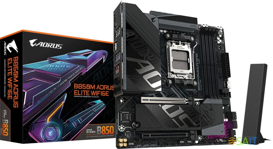 Материнская плата Gigabyte B850M AORUS ELITE WIFI6E SocketAM5 AMD B850 mATX AC`97 8ch(7.1) 2.5Gg RAID+DP