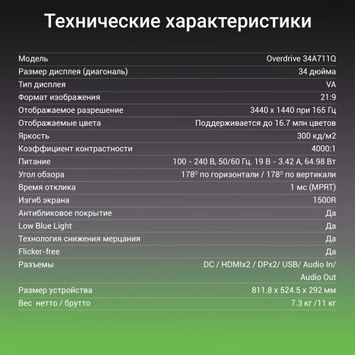 Монитор Digma 34" Overdrive 34A711Q черный VA LED 4ms 21:9 HDMI M/M матовая HAS Piv 300cd 178гр/178гр 3440x1440 165Hz G-Sync FreeSync DP UW 7.3кг