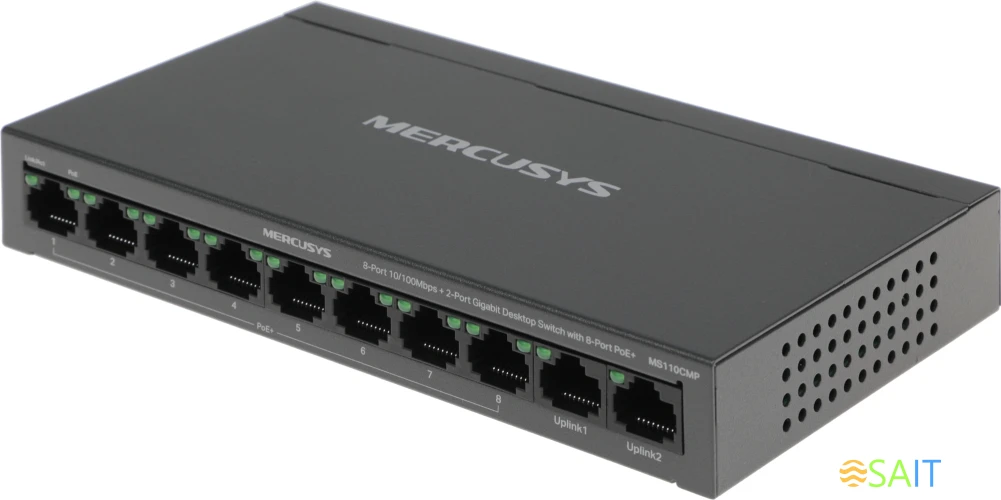 Коммутатор Mercusys MS110CMP (L2) 8x100Мбит/с 2x1Гбит/с 8PoE+ 115W неуправляемый