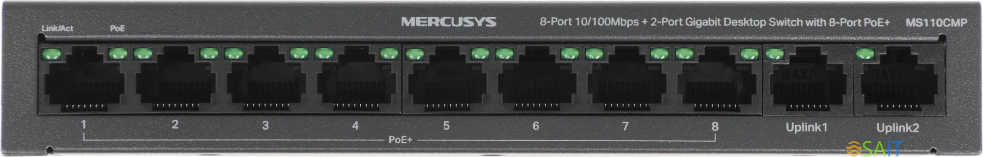 Коммутатор Mercusys MS110CMP (L2) 8x100Мбит/с 2x1Гбит/с 8PoE+ 115W неуправляемый
