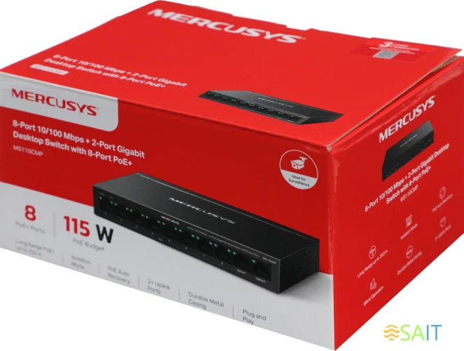 Коммутатор Mercusys MS110CMP (L2) 8x100Мбит/с 2x1Гбит/с 8PoE+ 115W неуправляемый
